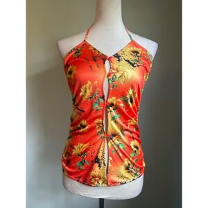 Finesse Sunflower P Halter Top Orange Yellow Keyhole Ruched y2k fairy whimsi  M